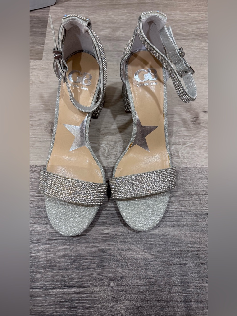 Gianni Bini Sparkling Silver Rhinestone Block Heel Sandals